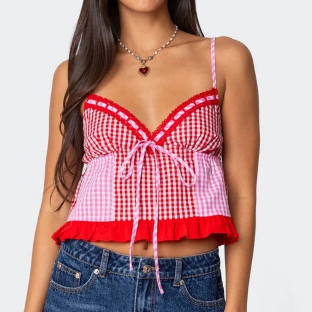 Edikted Joanne Mixed Gingham Red White Tank Top Cami Tied Front Stretch Crop XL